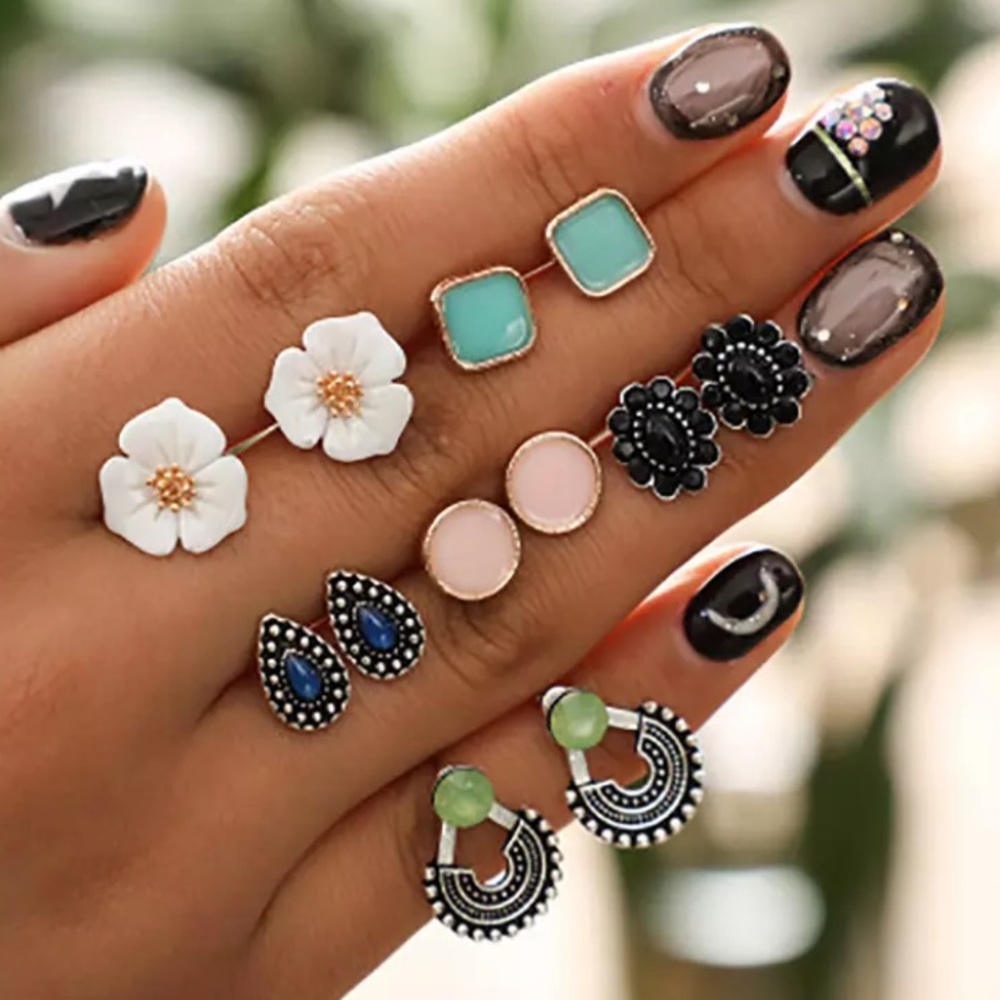 6 pair floral boho earrings stud set